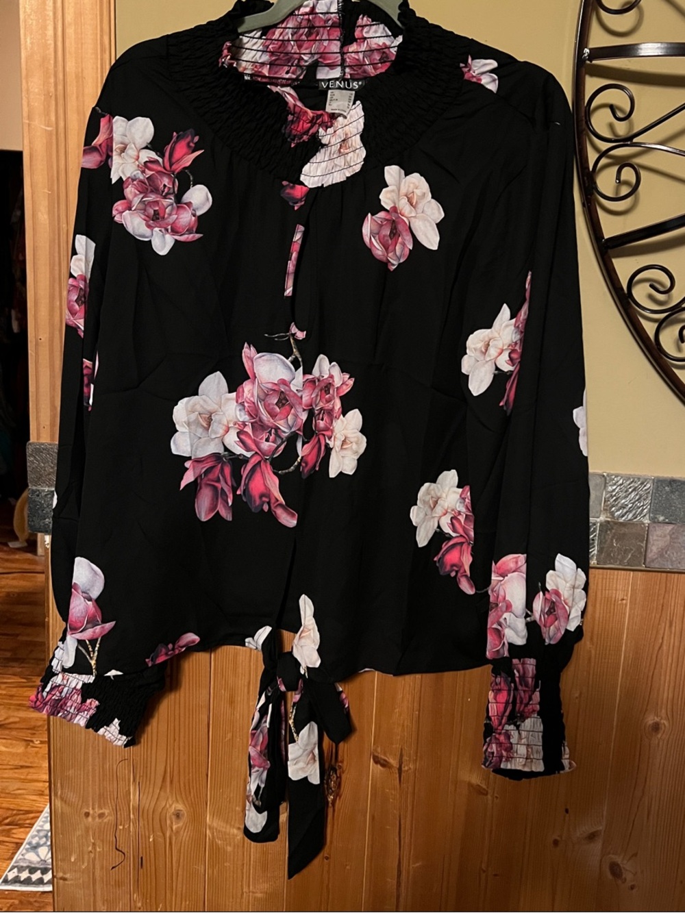 VENUS Black Floral Tie-Hem Blouse with Pink and White Blooms